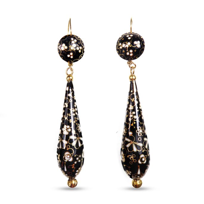 Pair of black and white enamel and gold droplet earrings | MasterArt